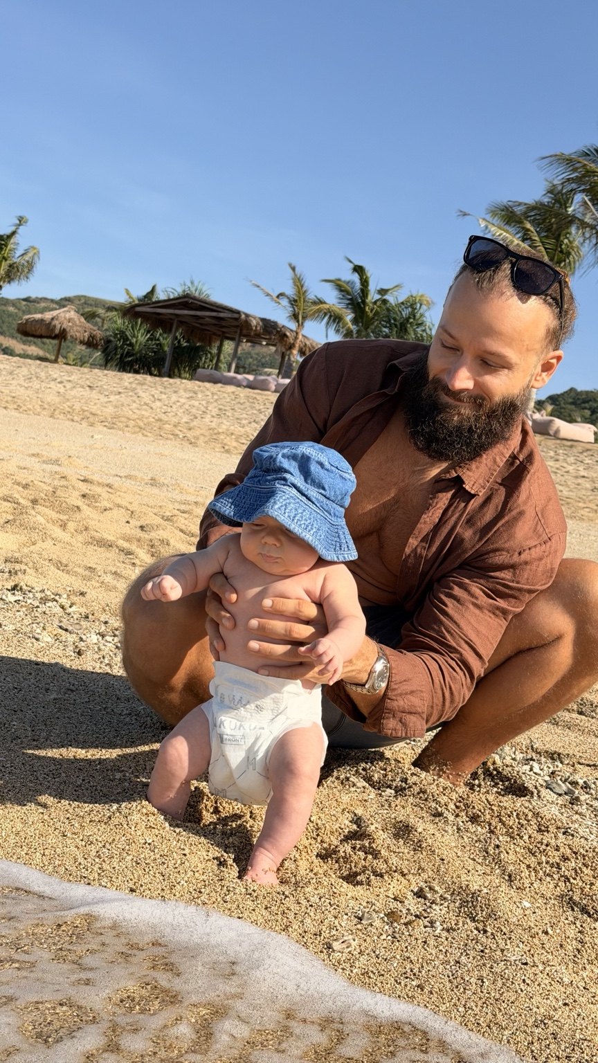 Connor with Eros on the beach